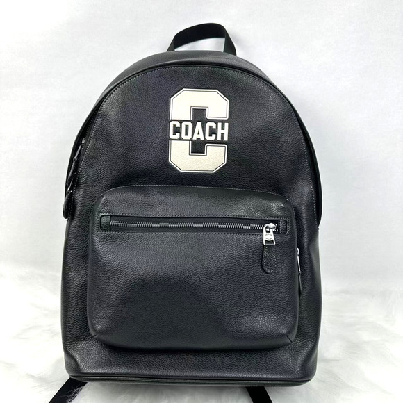 Coach West Backpack With Varsity Motif In Leather Gunmetal/Black CAK16 NWT - Picture 1 of 12